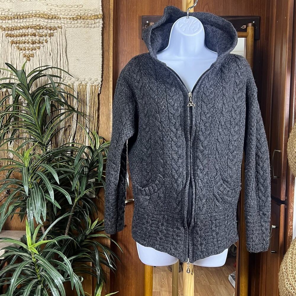 Vintage Inis Crafts Irish Sweater S Gray Felted Cable Knit Merino Wool Full Zip